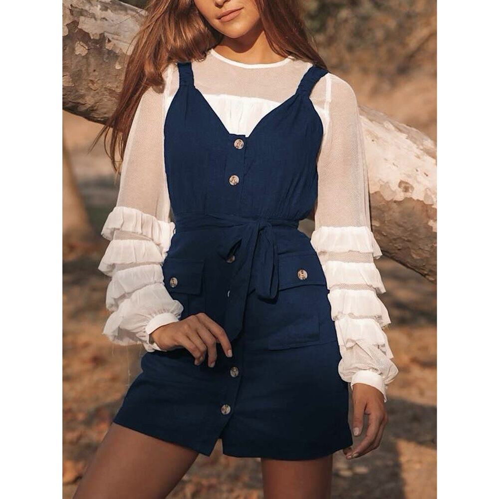 Lulus Meant for Greatness Blue Button Up Mini Dress Tie Waist M Pockets Coastal
